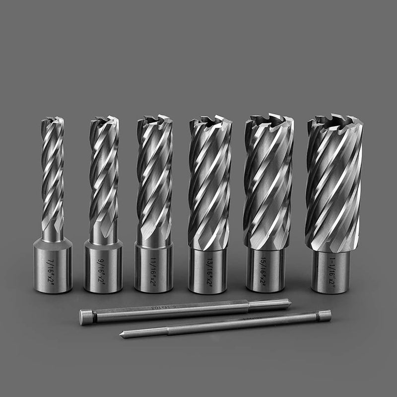 JESTUOUS Annular Cutters Set 6pcs JESTUOUS 3/4 Inch Weldon Shank 2 Cutting Depth 7/16 to 1-1/16 Cutting Diameter HSS Slugger Bits for Magnetic Drill Press with 2 Pilot Pins - Image 2